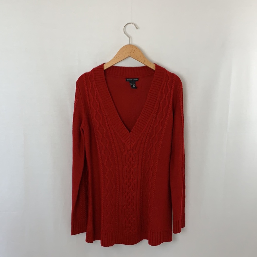 New York & Company Cable Knit V-Neck Red Sweater